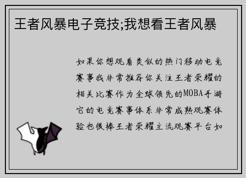 王者风暴电子竞技;我想看王者风暴