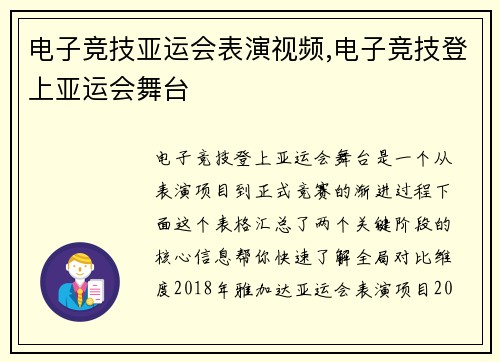 电子竞技亚运会表演视频,电子竞技登上亚运会舞台