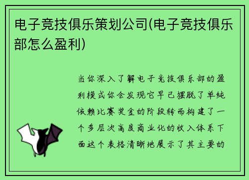电子竞技俱乐策划公司(电子竞技俱乐部怎么盈利)